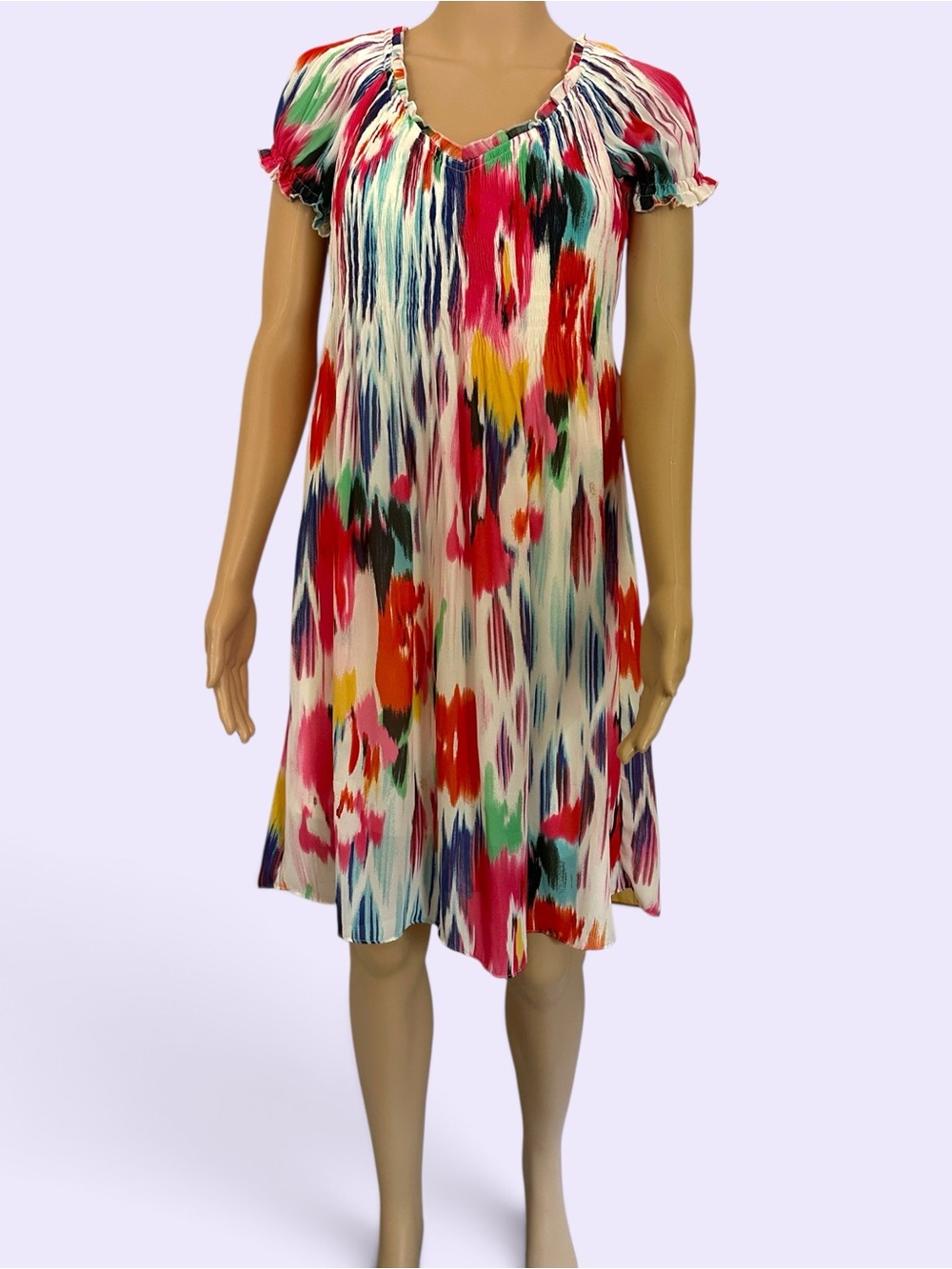 Sunny Leigh Multi-tonal Ikat-Print Short Sleeve Dress
